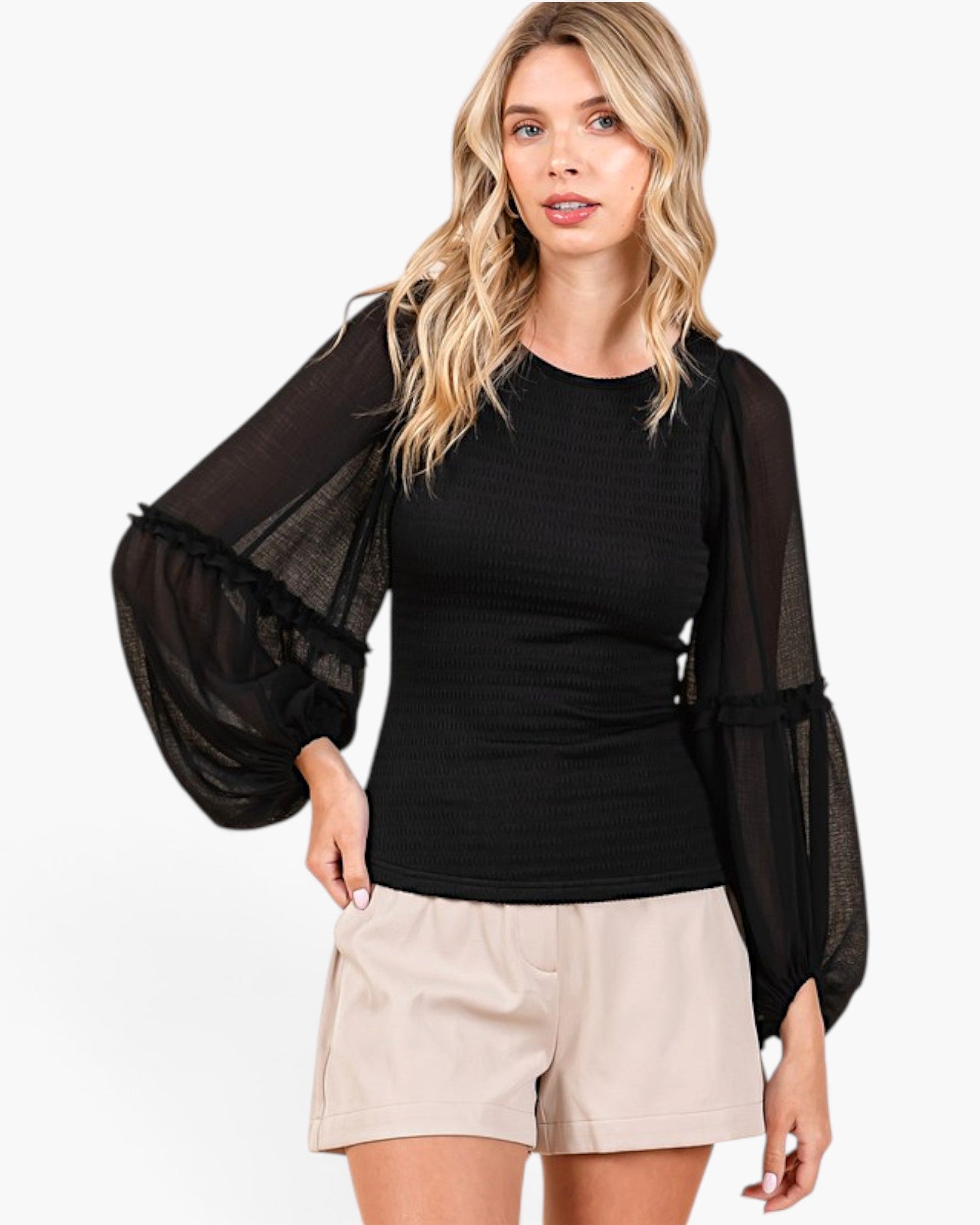 Black Smocked Chiffon Balloon Sleeve Blouse