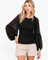 Black Smocked Chiffon Balloon Sleeve Blouse