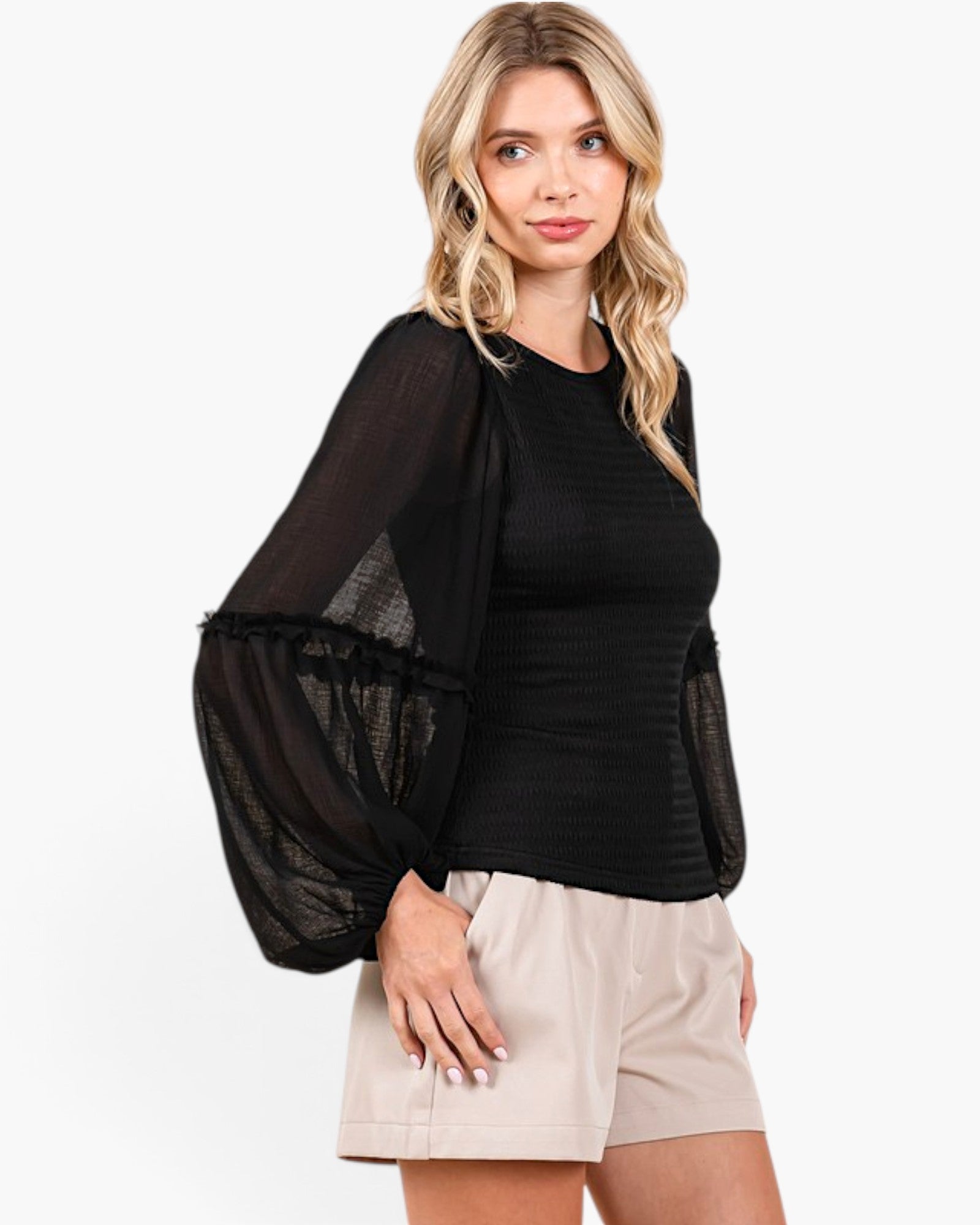 Black Smocked Chiffon Balloon Sleeve Blouse