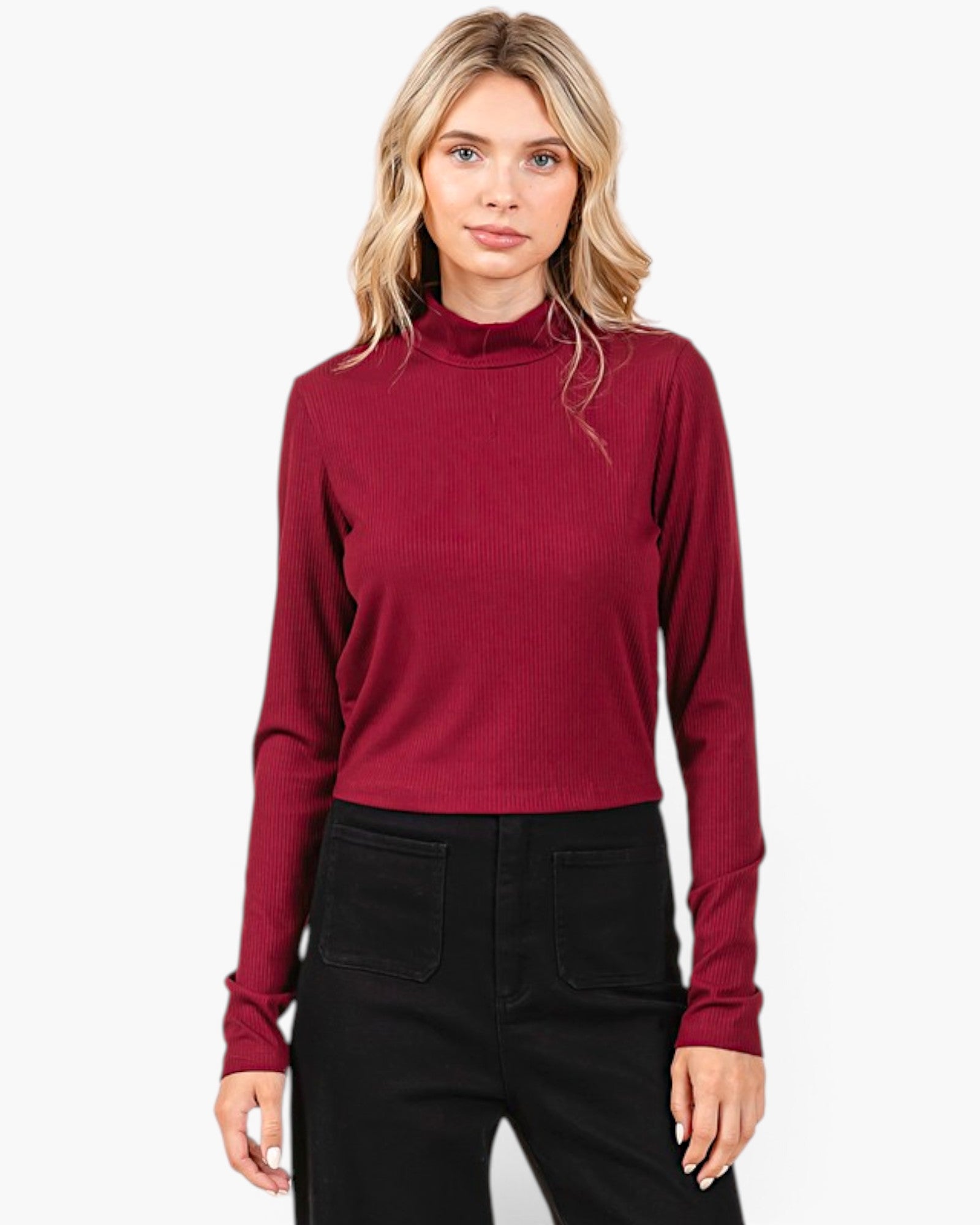 Wine Ribbed Turtleneck Top