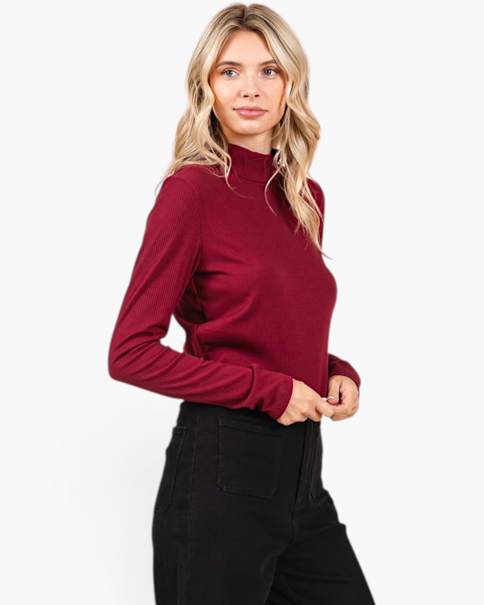 Wine Ribbed Turtleneck Top