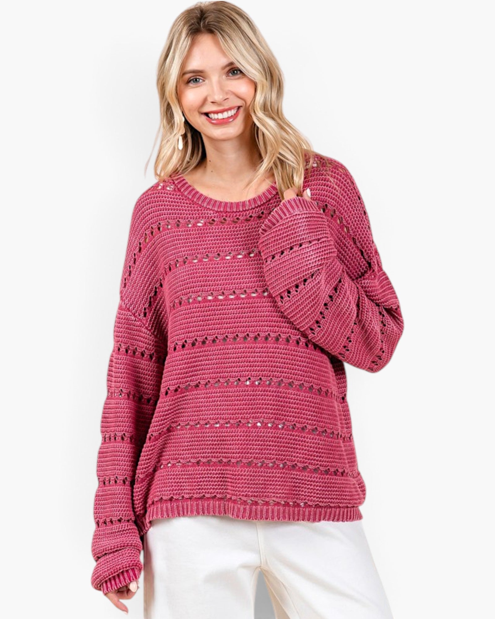 Raspberry Cotton Open-Knit Sweater