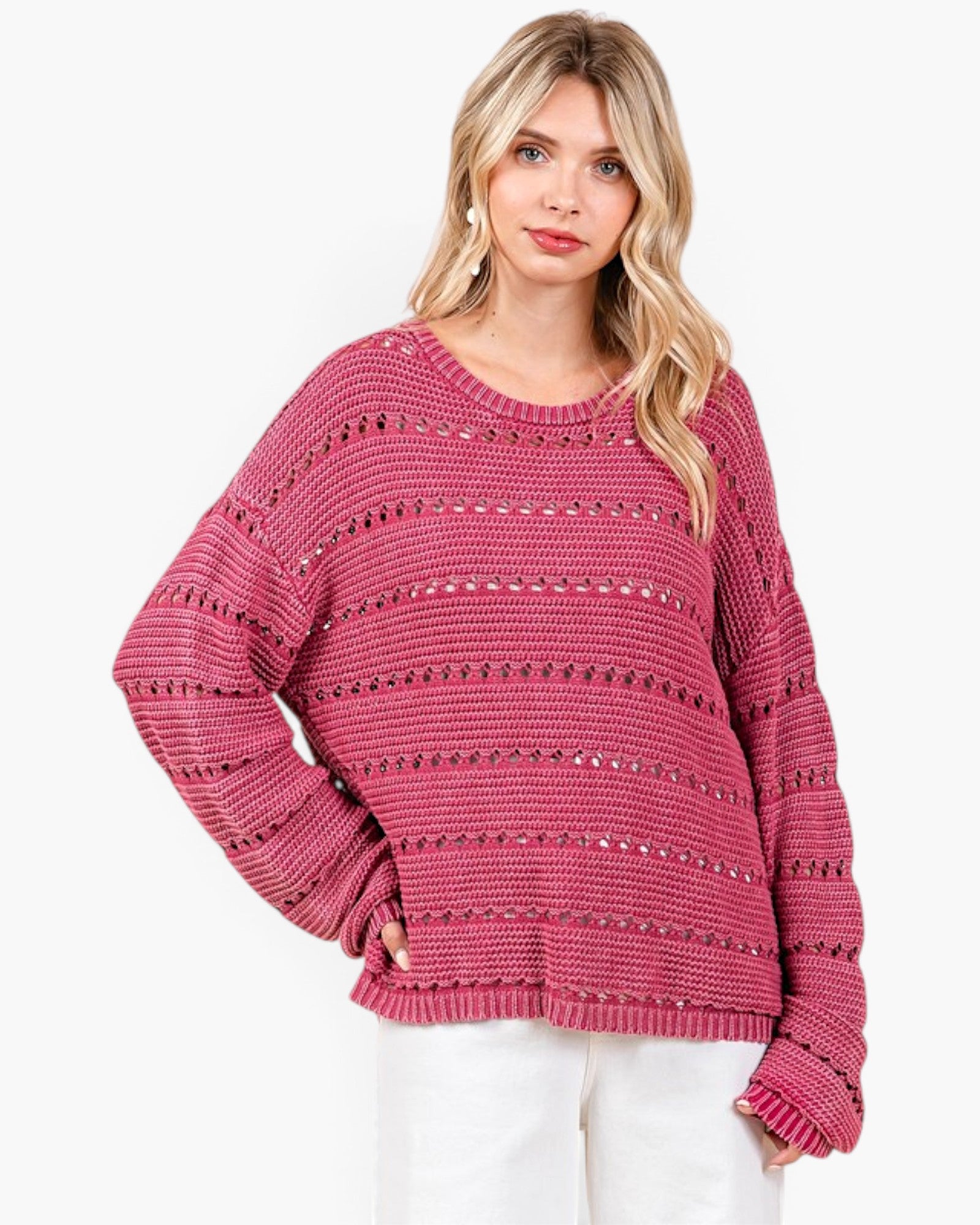 Raspberry Cotton Open-Knit Sweater
