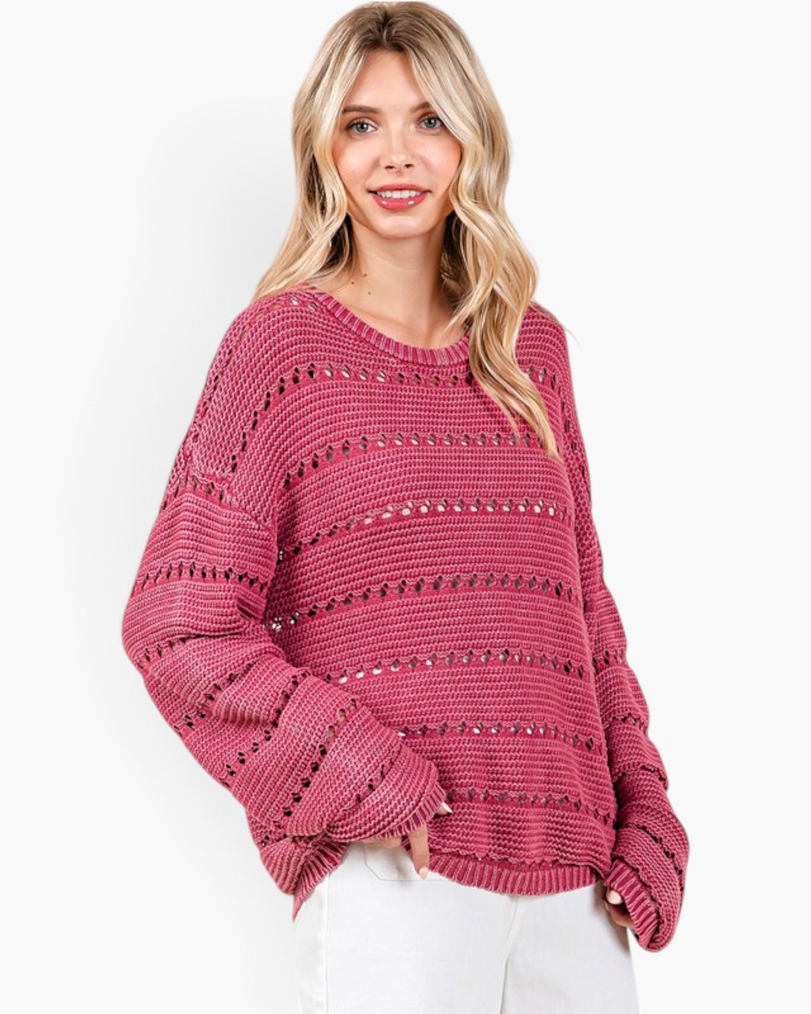Raspberry Cotton Open-Knit Sweater