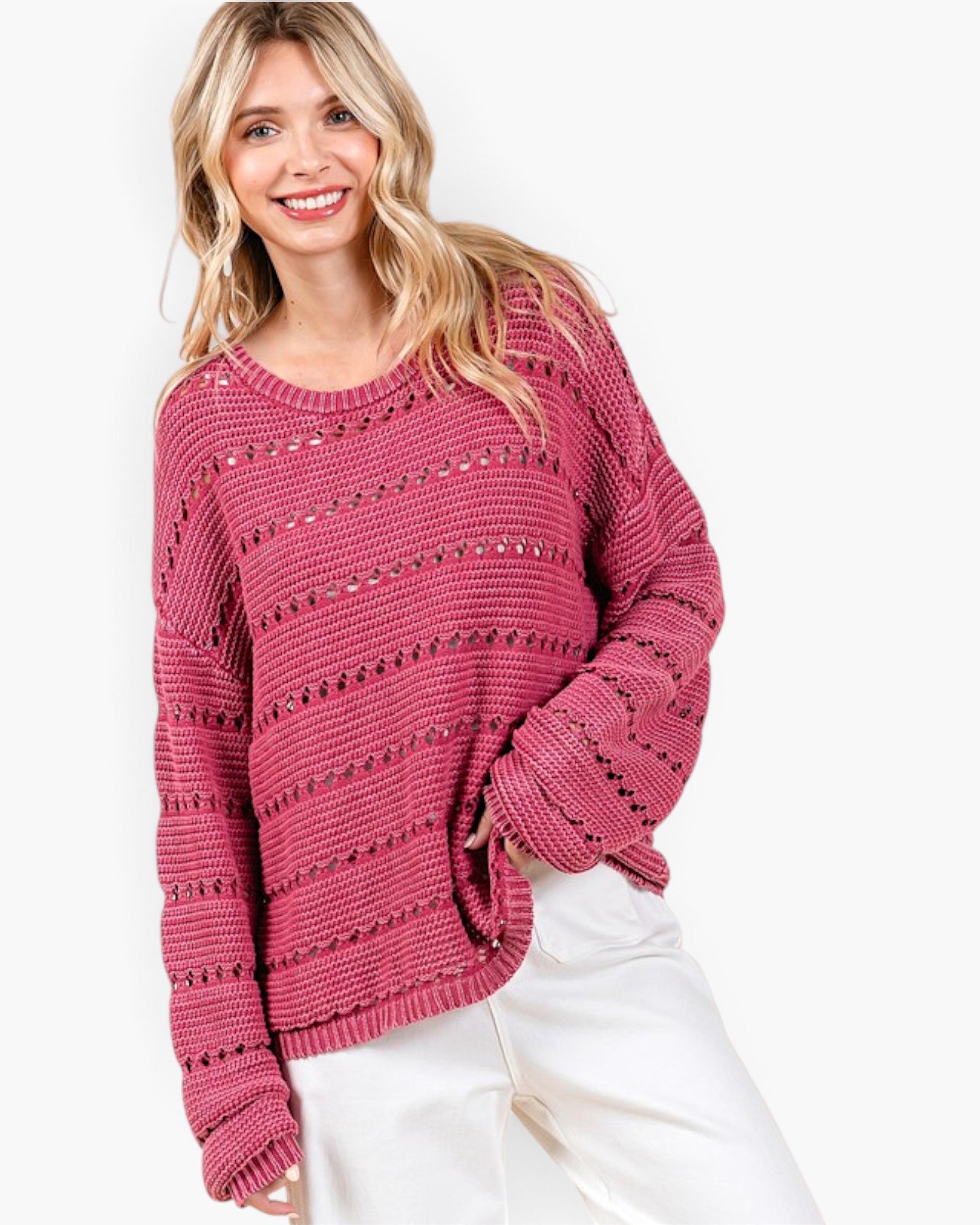 Raspberry Cotton Open-Knit Sweater