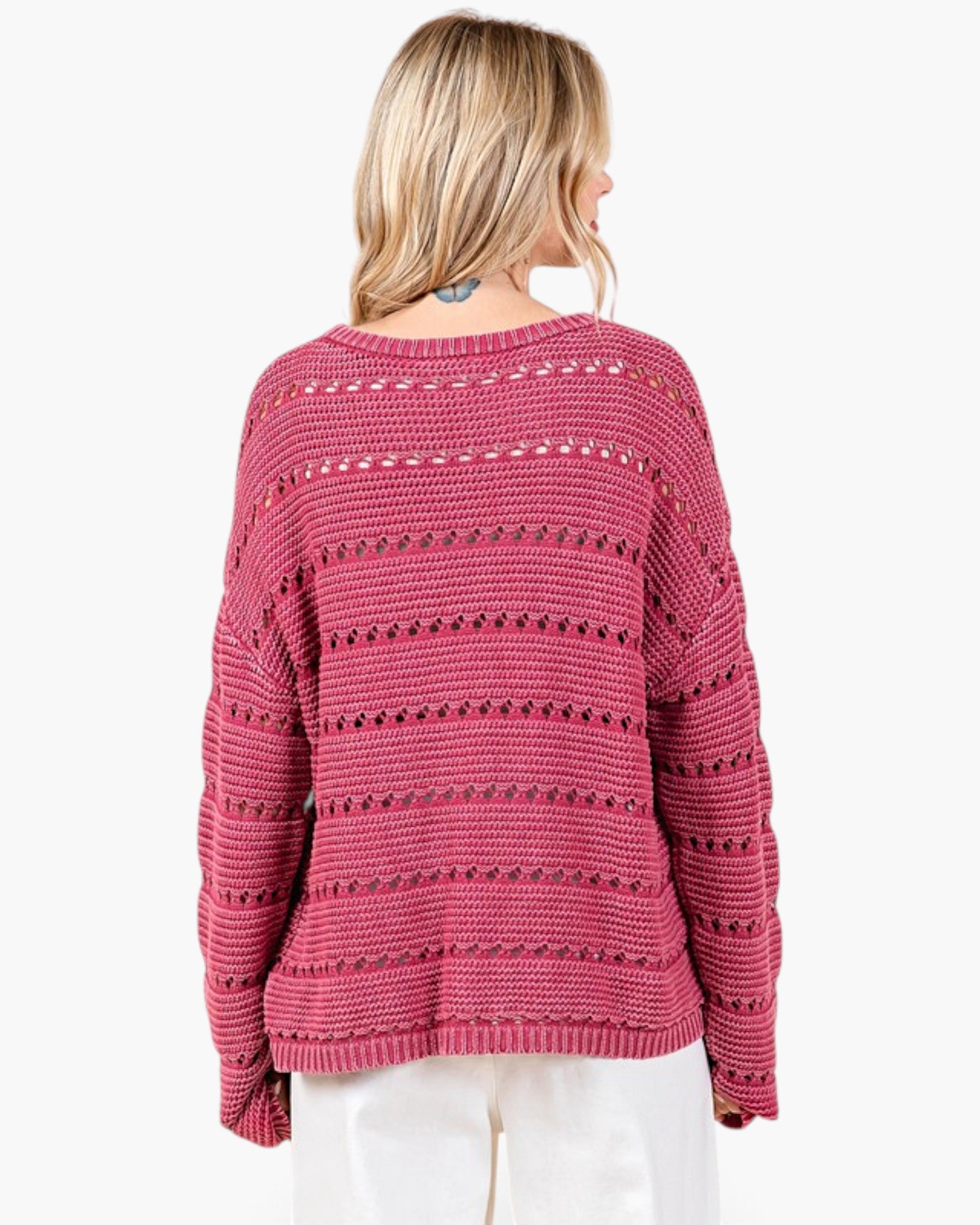 Raspberry Cotton Open-Knit Sweater