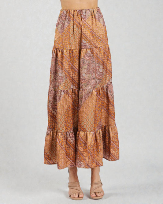 Rust & Mocha Patchwork Tiered Maxi Skirt