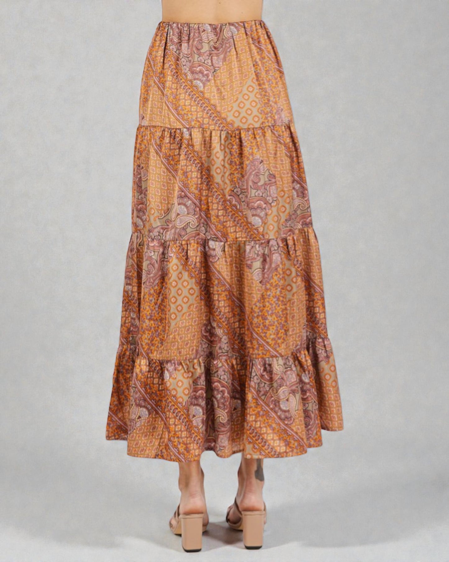 Rust & Mocha Patchwork Tiered Maxi Skirt