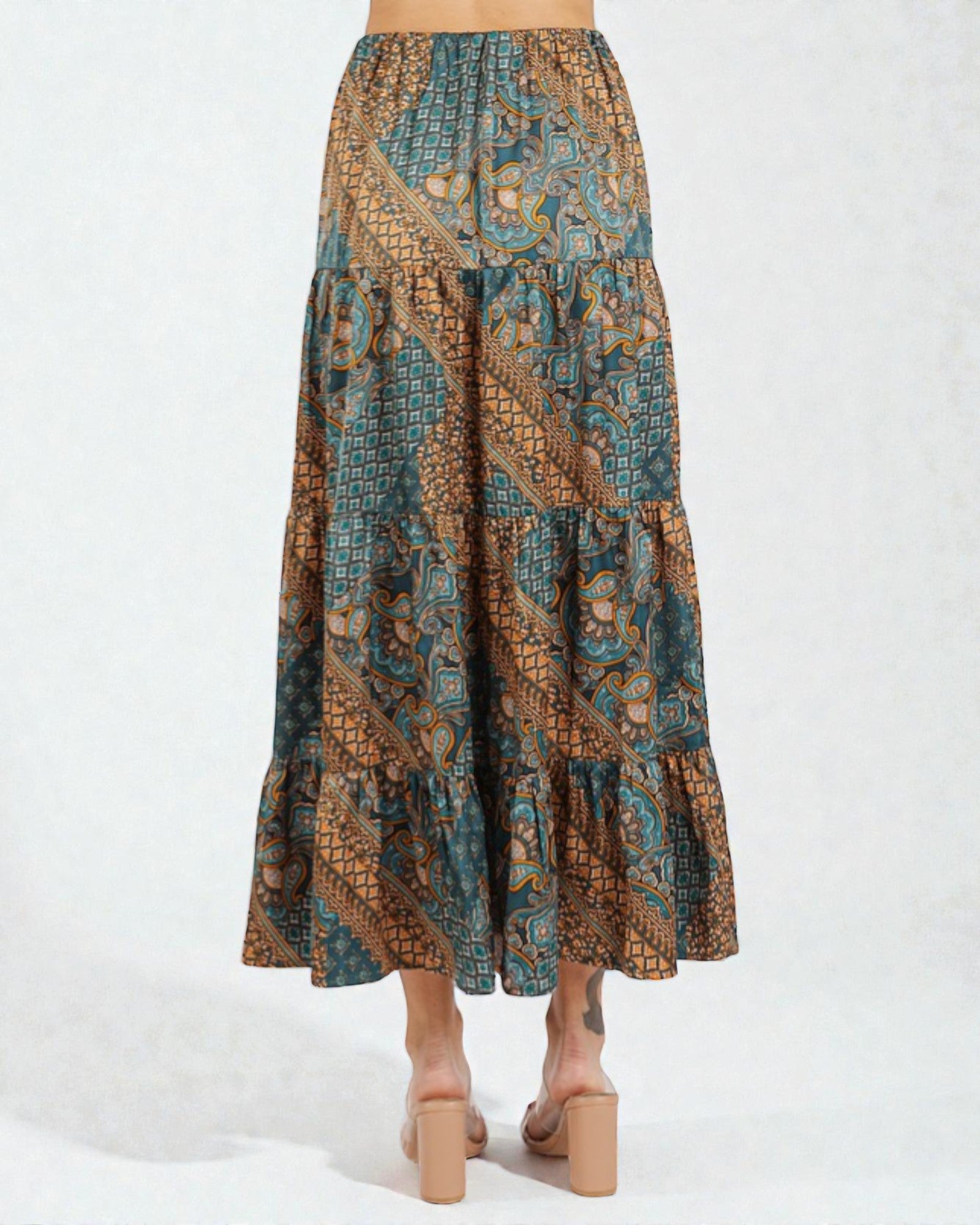 Deep Teal Patchwork Tiered Maxi Skirt
