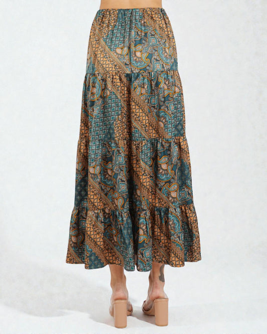 Deep Teal Patchwork Tiered Maxi Skirt