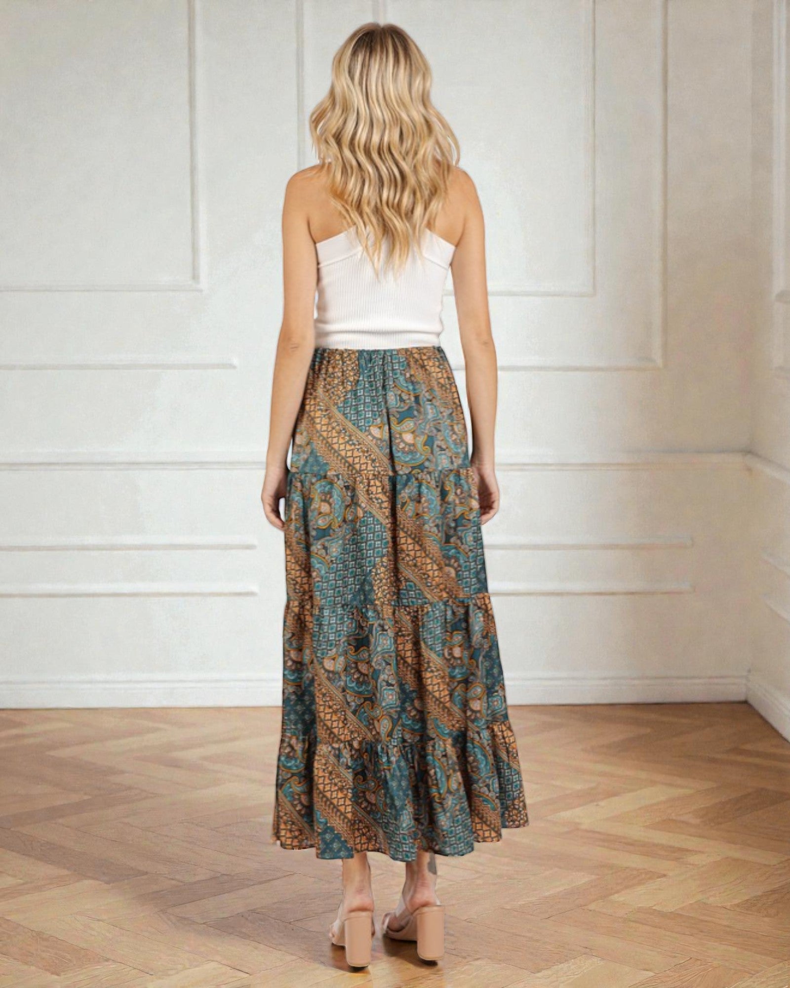 Deep Teal Patchwork Tiered Maxi Skirt