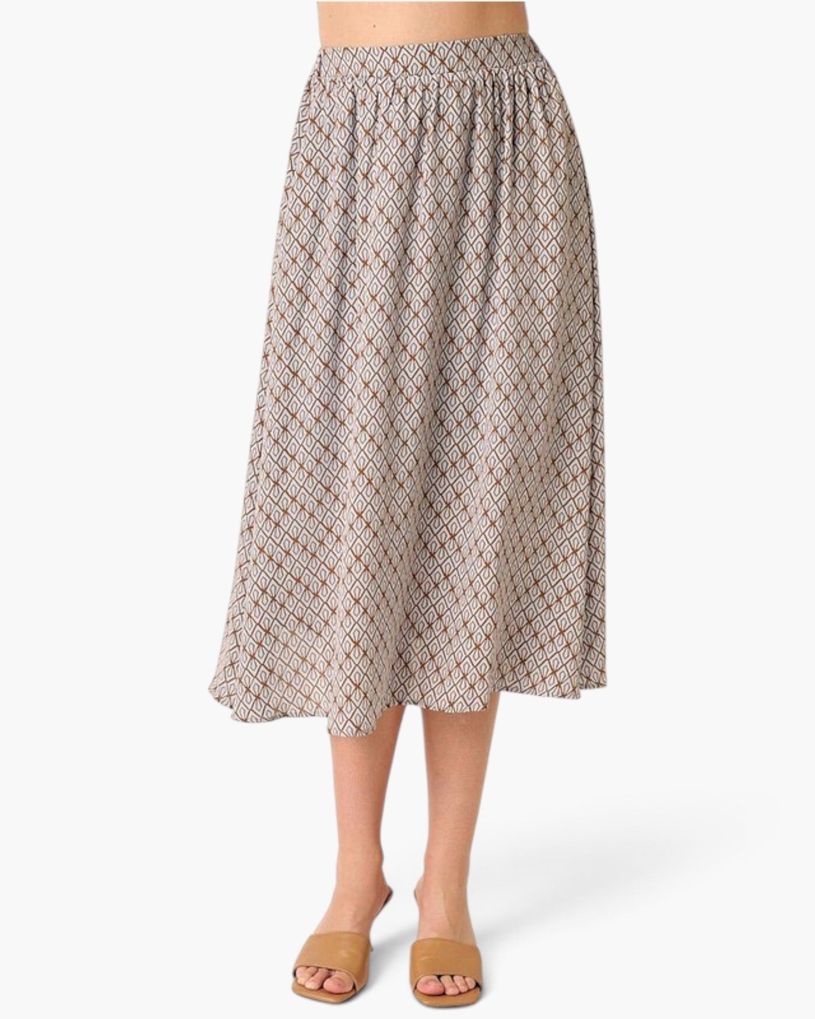 Taupe Geometric Print Flowy Midi Skirt