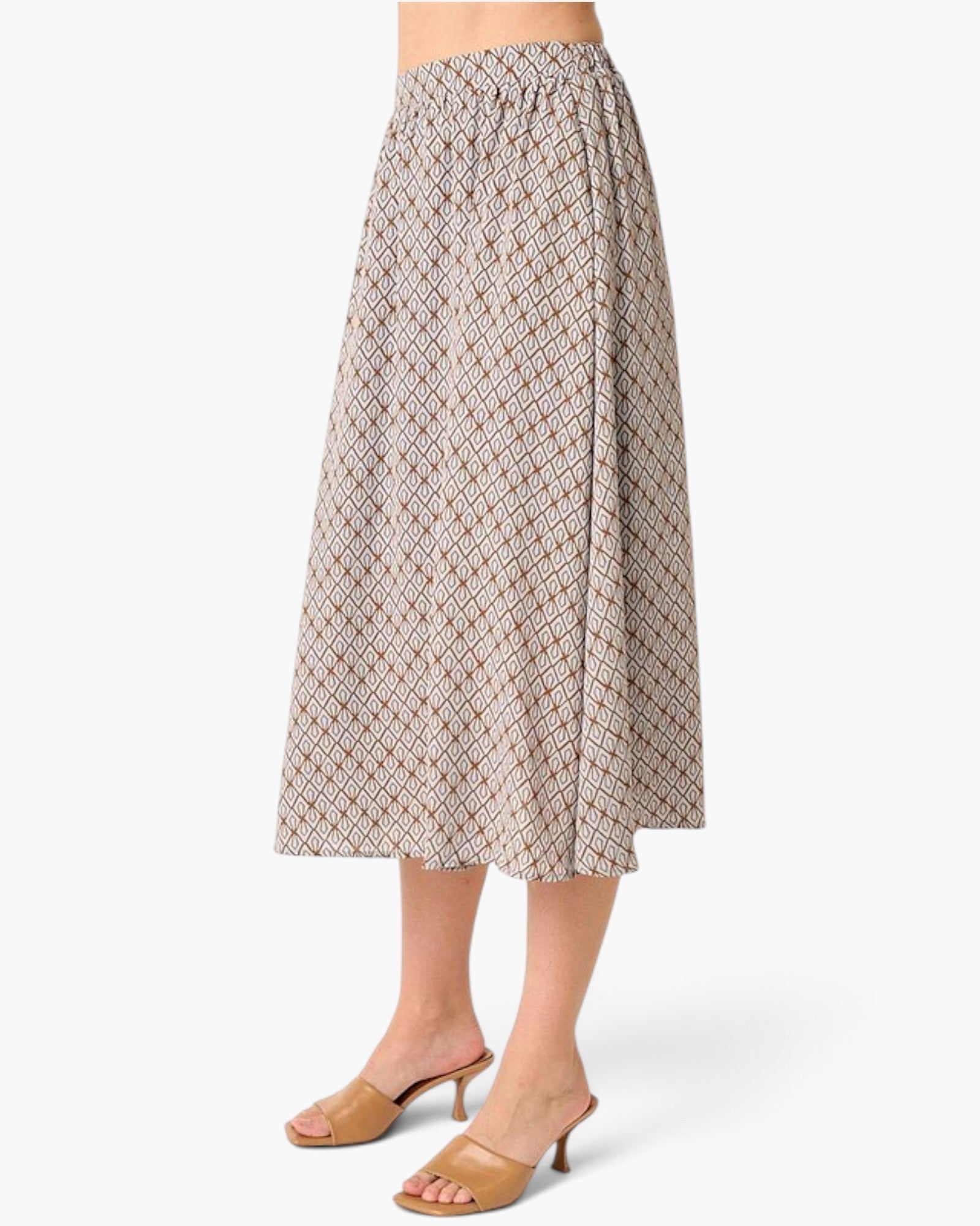 Taupe Geometric Print Flowy Midi Skirt