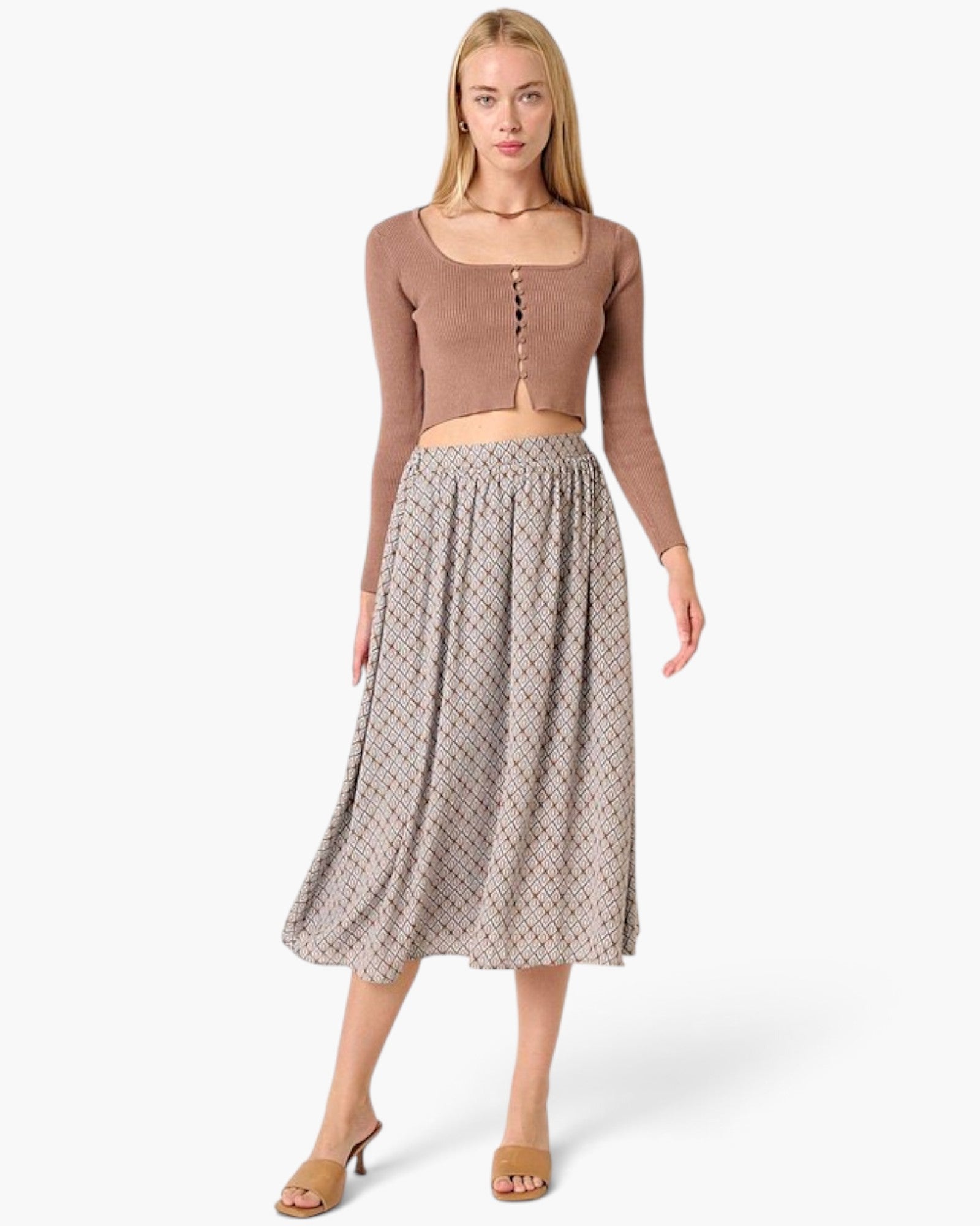 Taupe Geometric Print Flowy Midi Skirt