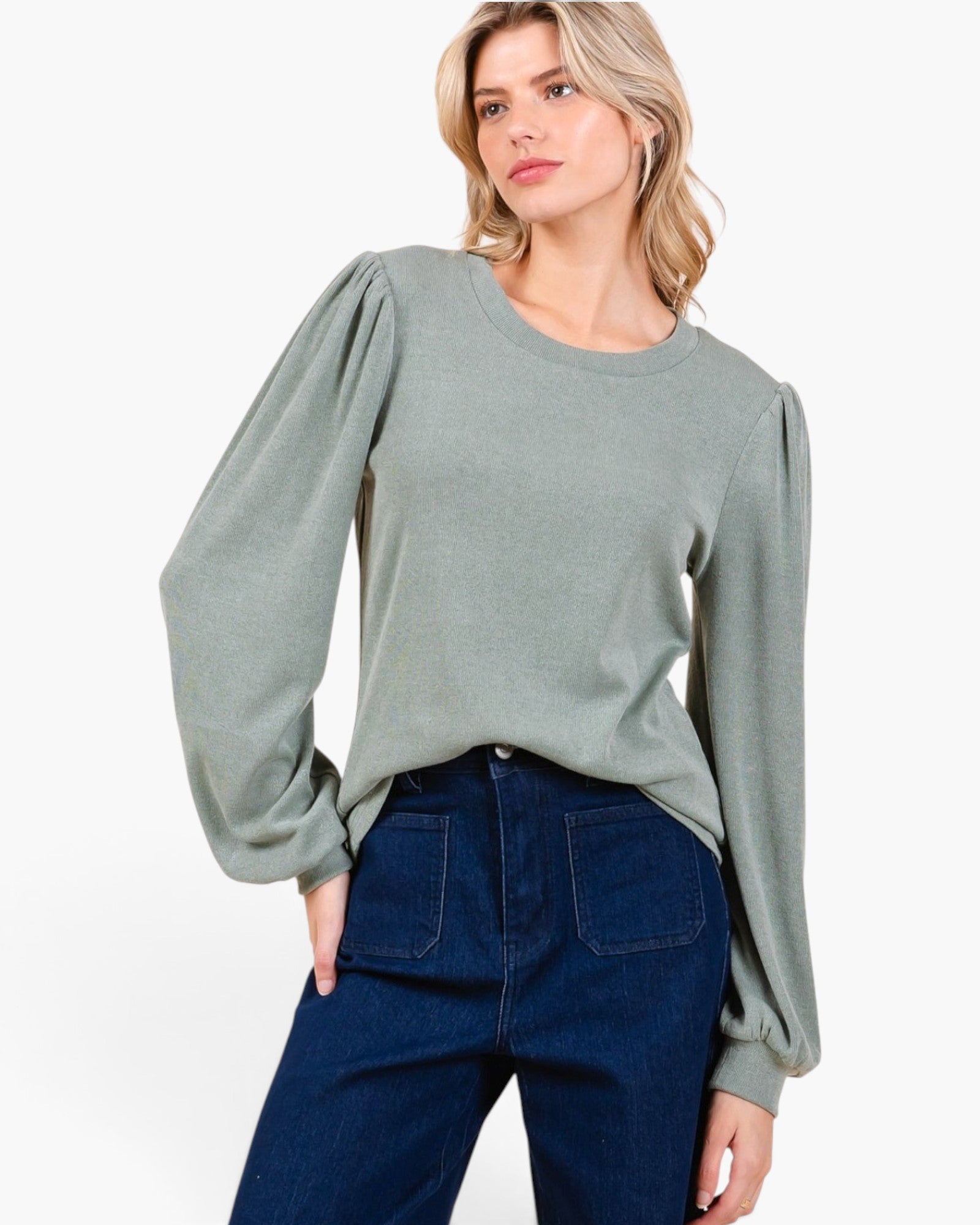 Sage Puff-Sleeve Knit Top
