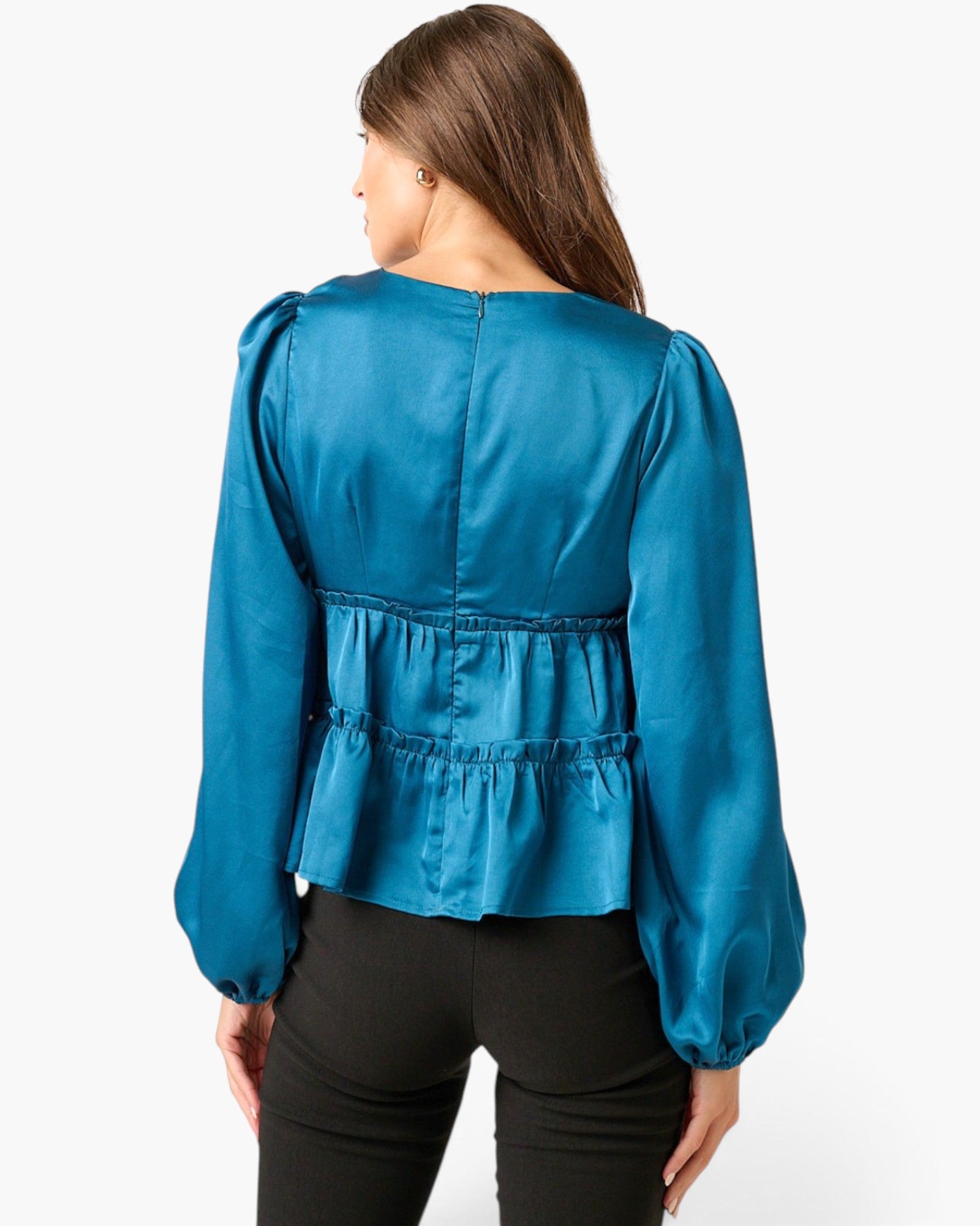 Blusa babydoll de satén con escote en V en color verde azulado