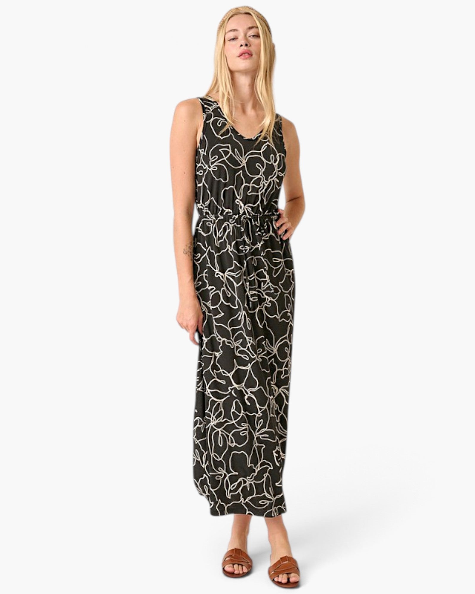Black Floral Outline Drawstring Maxi Dress