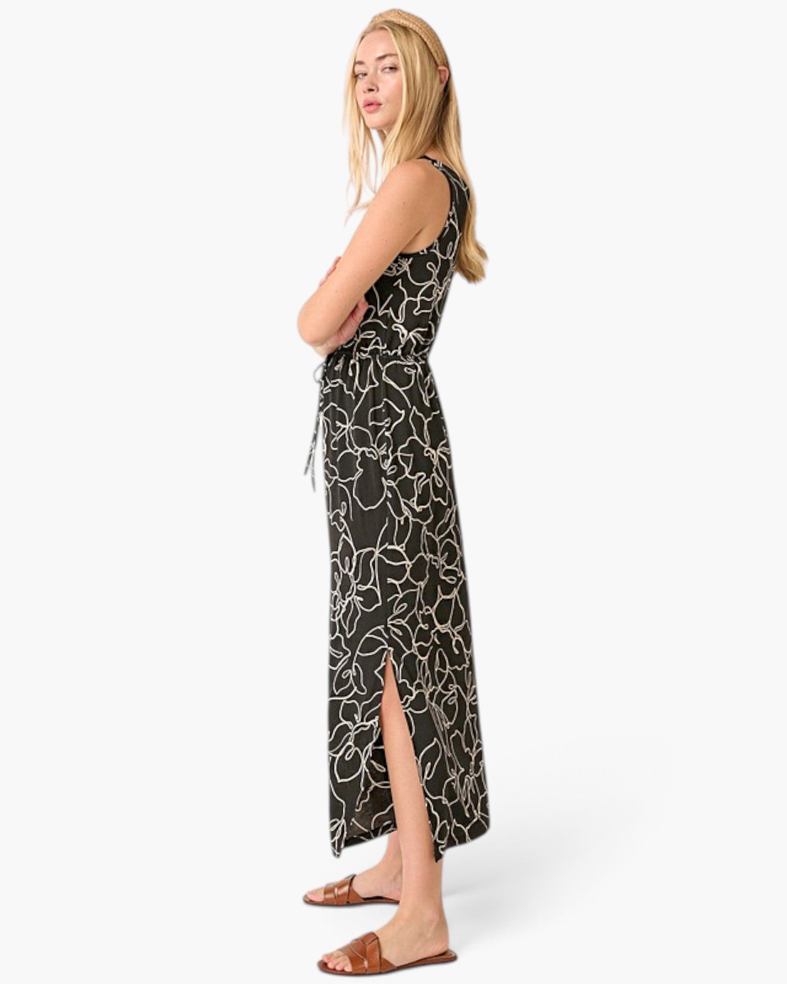 Black Floral Outline Drawstring Maxi Dress