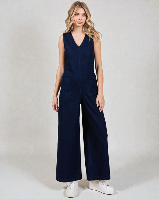 Combinaison en jean foncé sans manches à jambe large