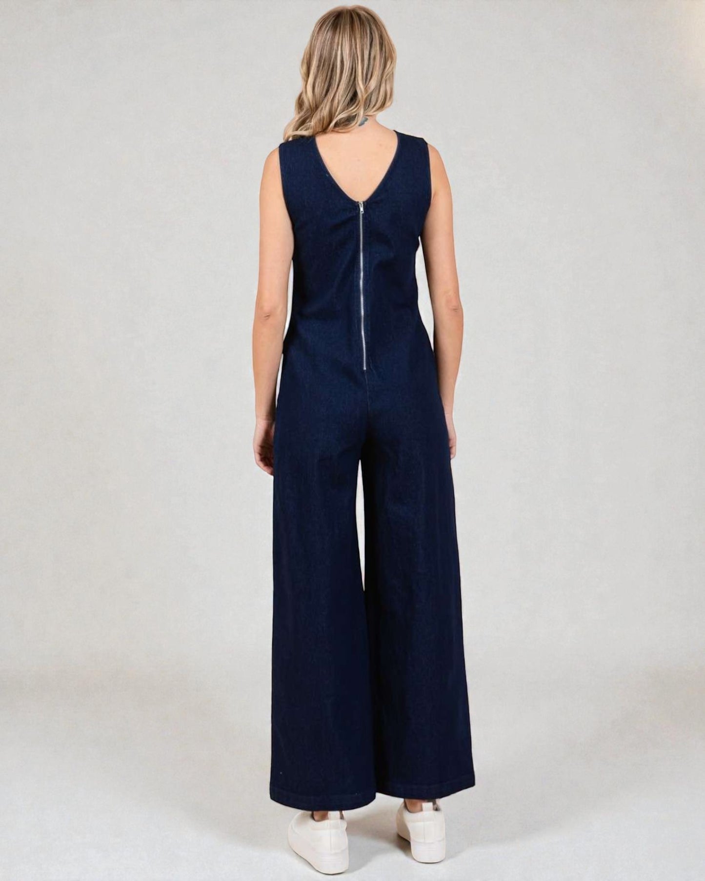 Combinaison en jean foncé sans manches à jambe large