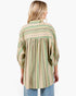 A woman shown from the back wearing a loose striped blouse with green, beige, and brown vertical stripes, paired with light blue jeans, against a plain white background.