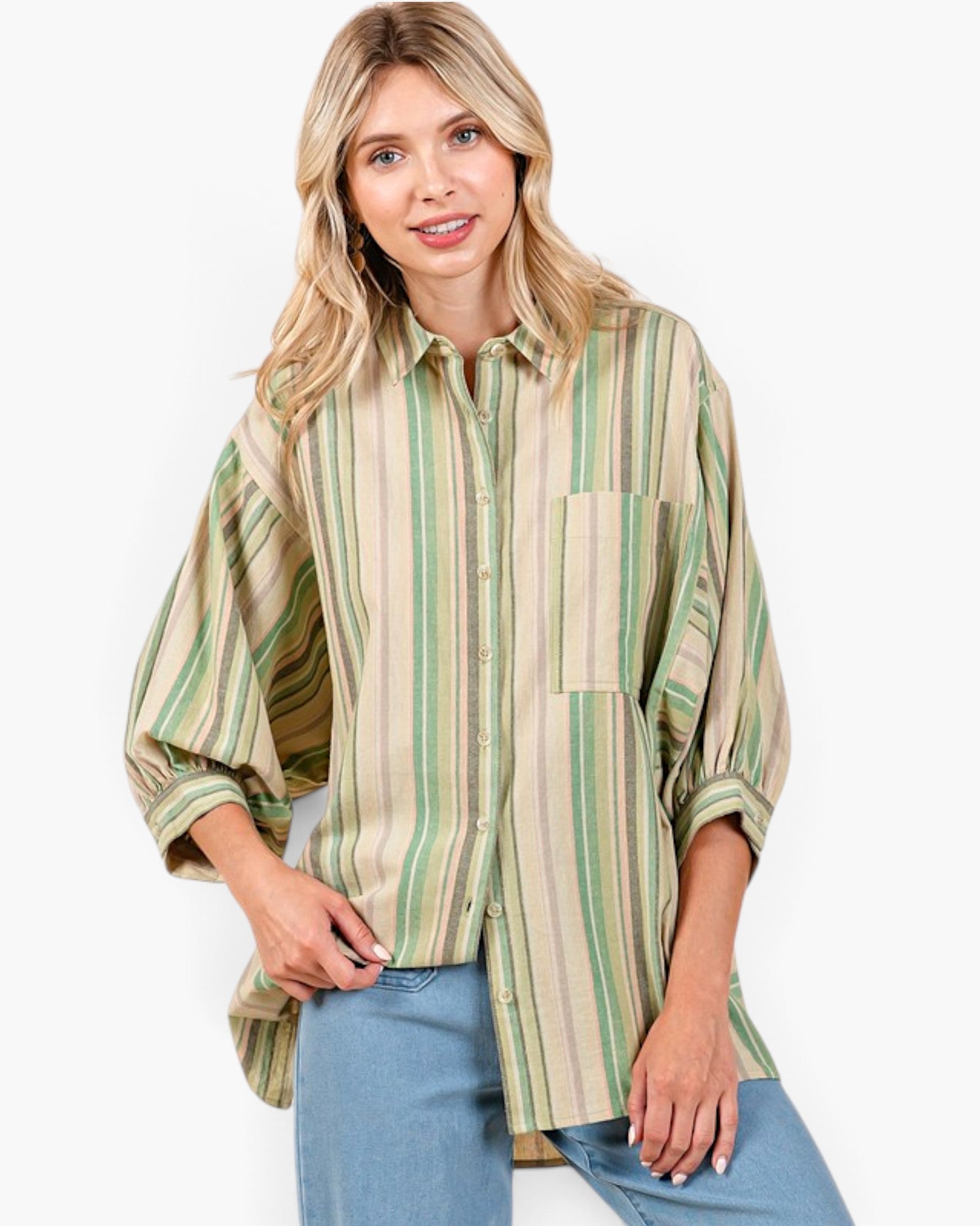 Green Tea Multi-Stripe Oversized Button-Up Shirt