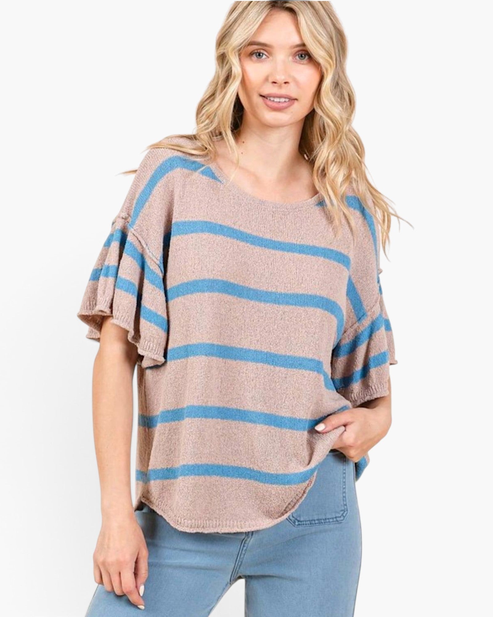 Mocha & Blue Striped Ruffle-Sleeve Sweater