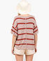 A model shown from the back wearing a beige knit top with horizontal rust red stripes, paired with beige shorts and a white bucket hat, against a plain white background.