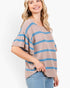 A woman wearing a beige knit top with horizontal blue stripes and flared short sleeves, paired with light blue jeans, against a plain white background.