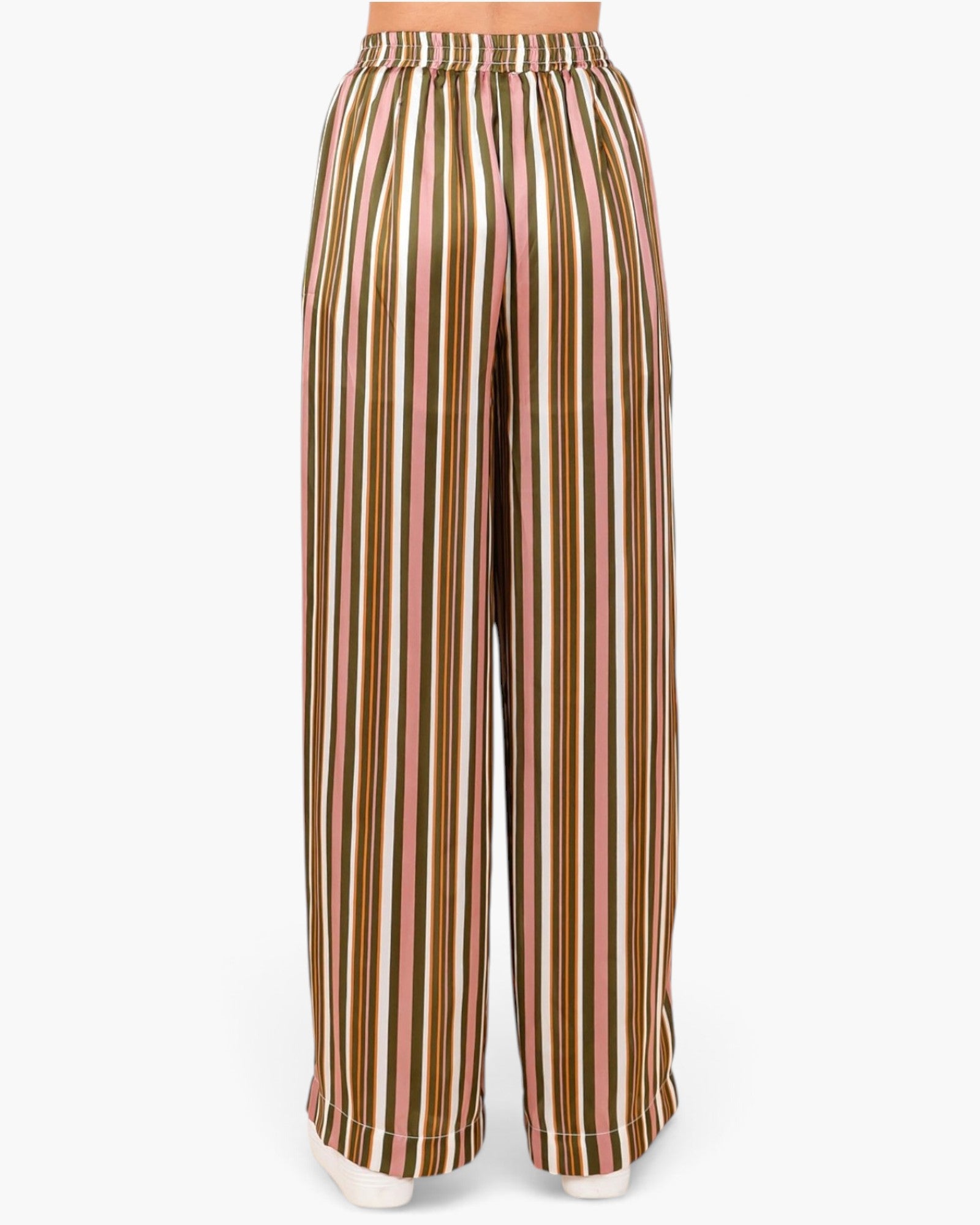 Wide-leg trousers with vertical stripes in brown, gold, pink, and beige, shown on a mannequin against a plain white background.