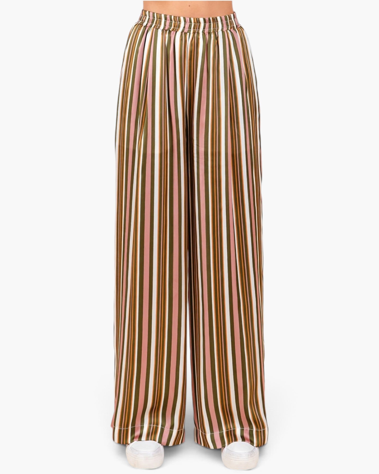 Wide-leg trousers with vertical stripes in brown, pink, beige, and white, shown on a model from the waist down against a plain white background.