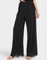Black wide-leg pants with lace trim on a white background