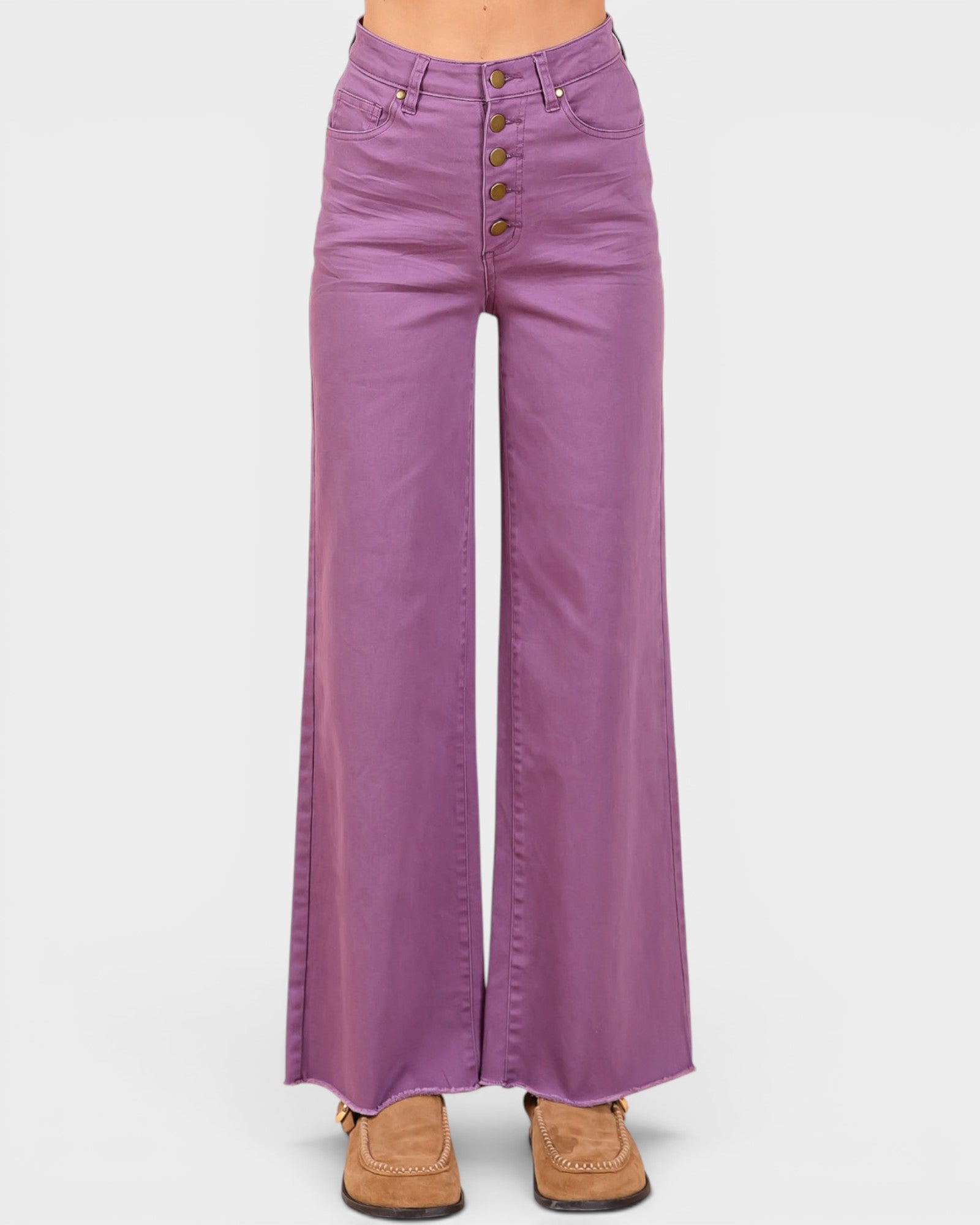 Purple wide-leg jeans with brown buttons on a white background