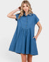 Woman wearing a blue dress on a white background