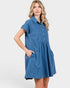 Woman wearing a blue dress on a white background