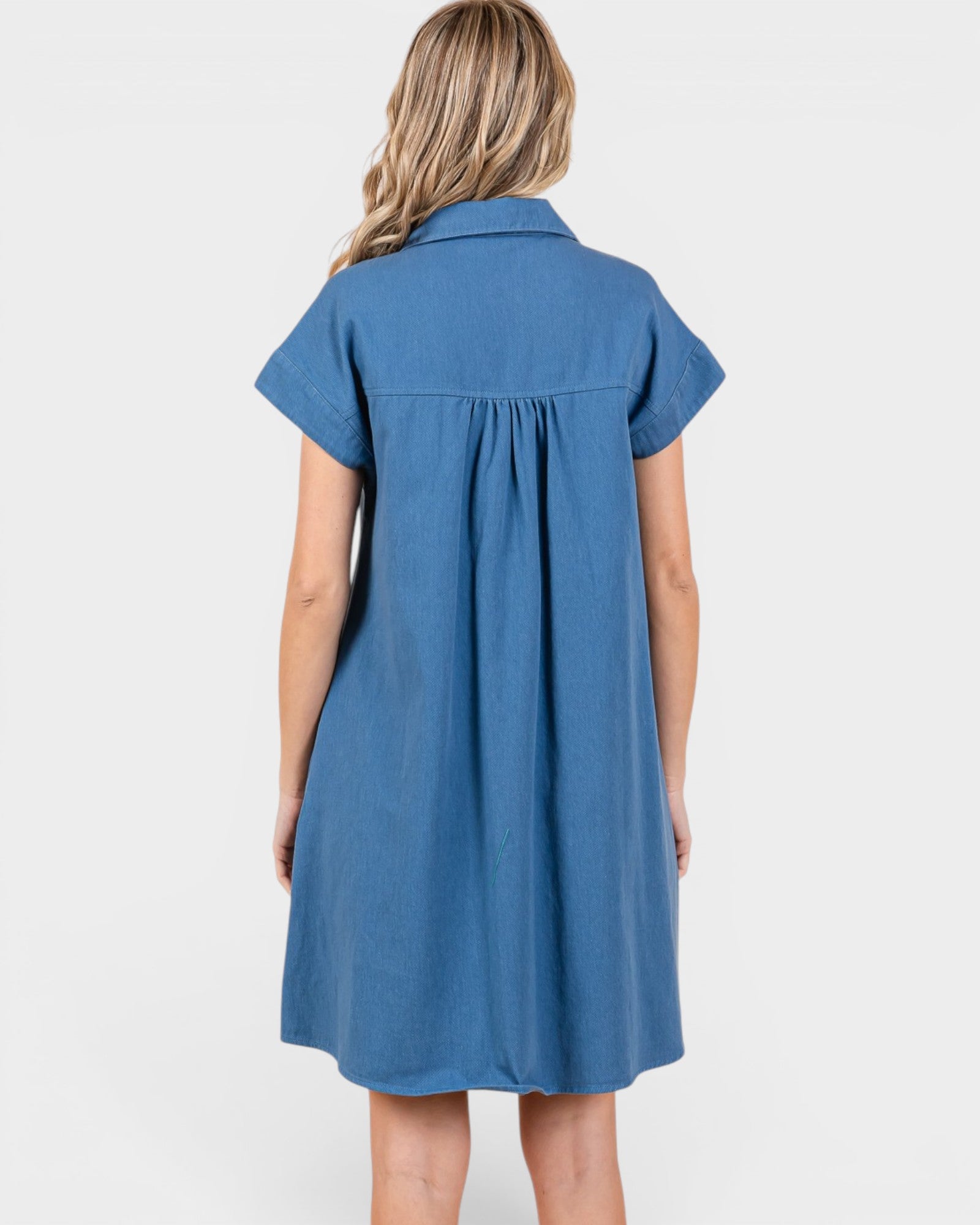 Woman wearing a blue dress against a white background