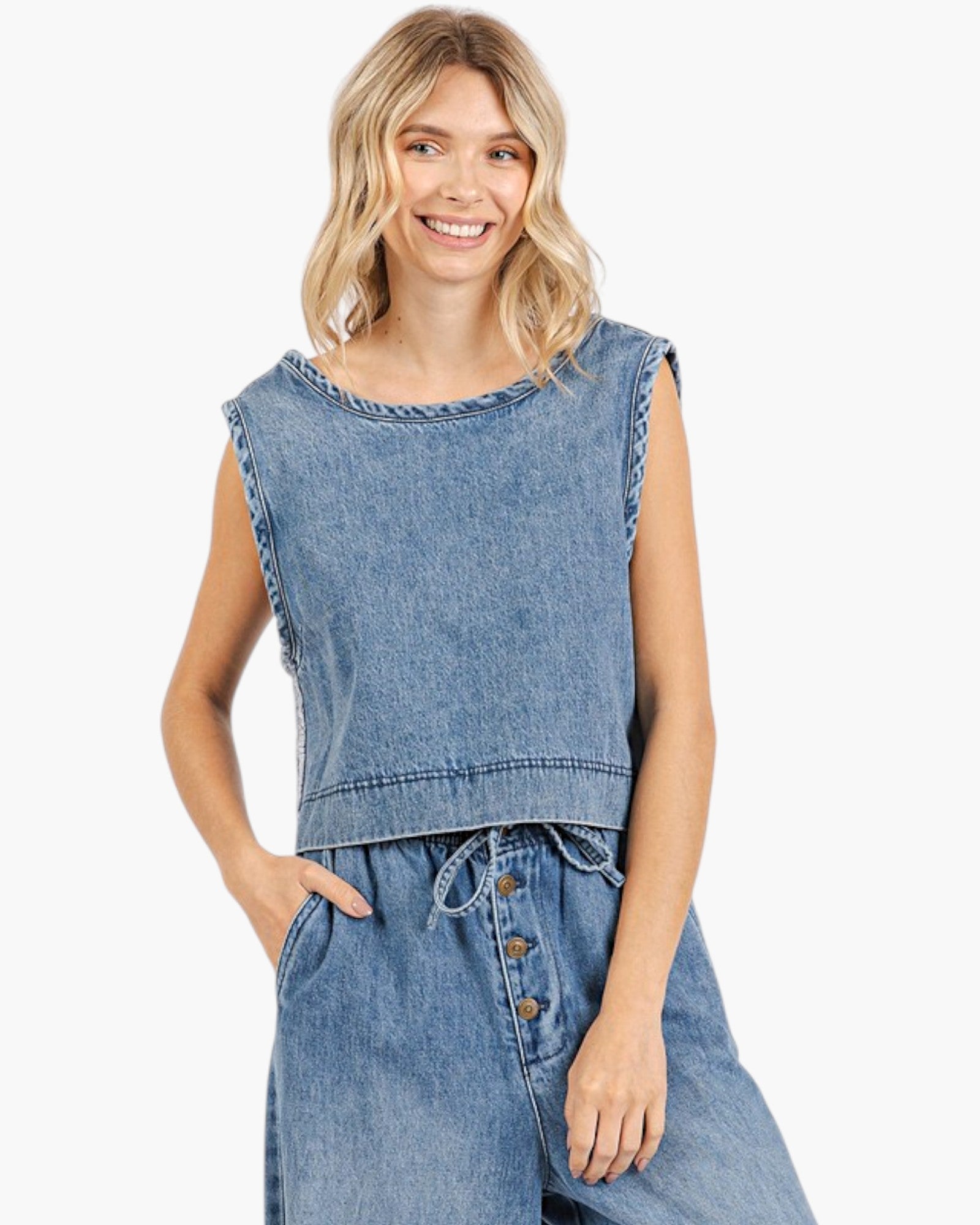 Medium Wash Cropped Denim Tank