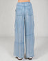 Light blue denim cargo pants on a white background