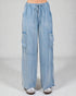 Light blue denim cargo pants on a white background