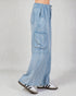 Light blue denim cargo pants on a plain background