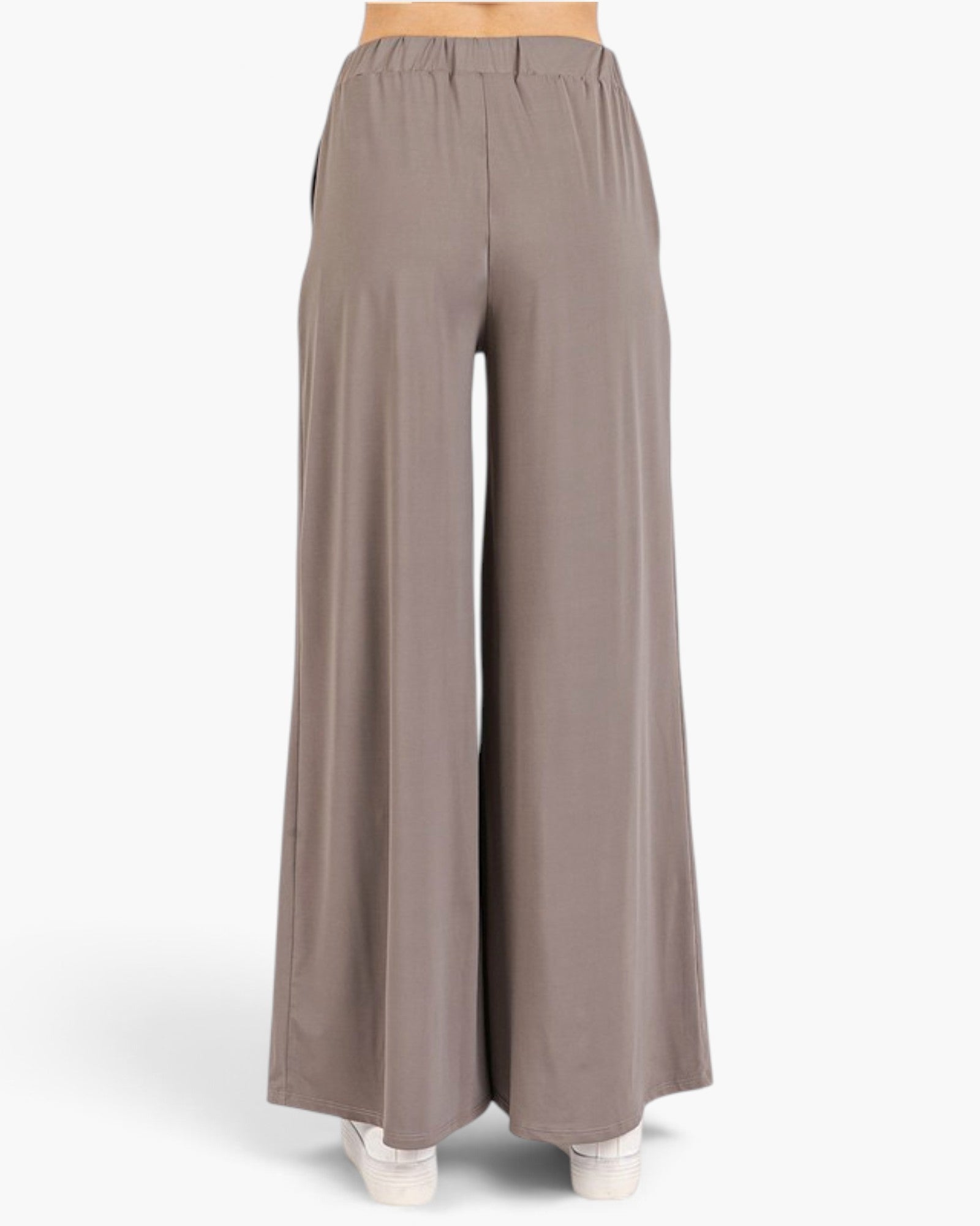 A pair of wide-leg, high-waisted pants in a muted taupe-brown color, shown on a model from the waist down against a clean white background.