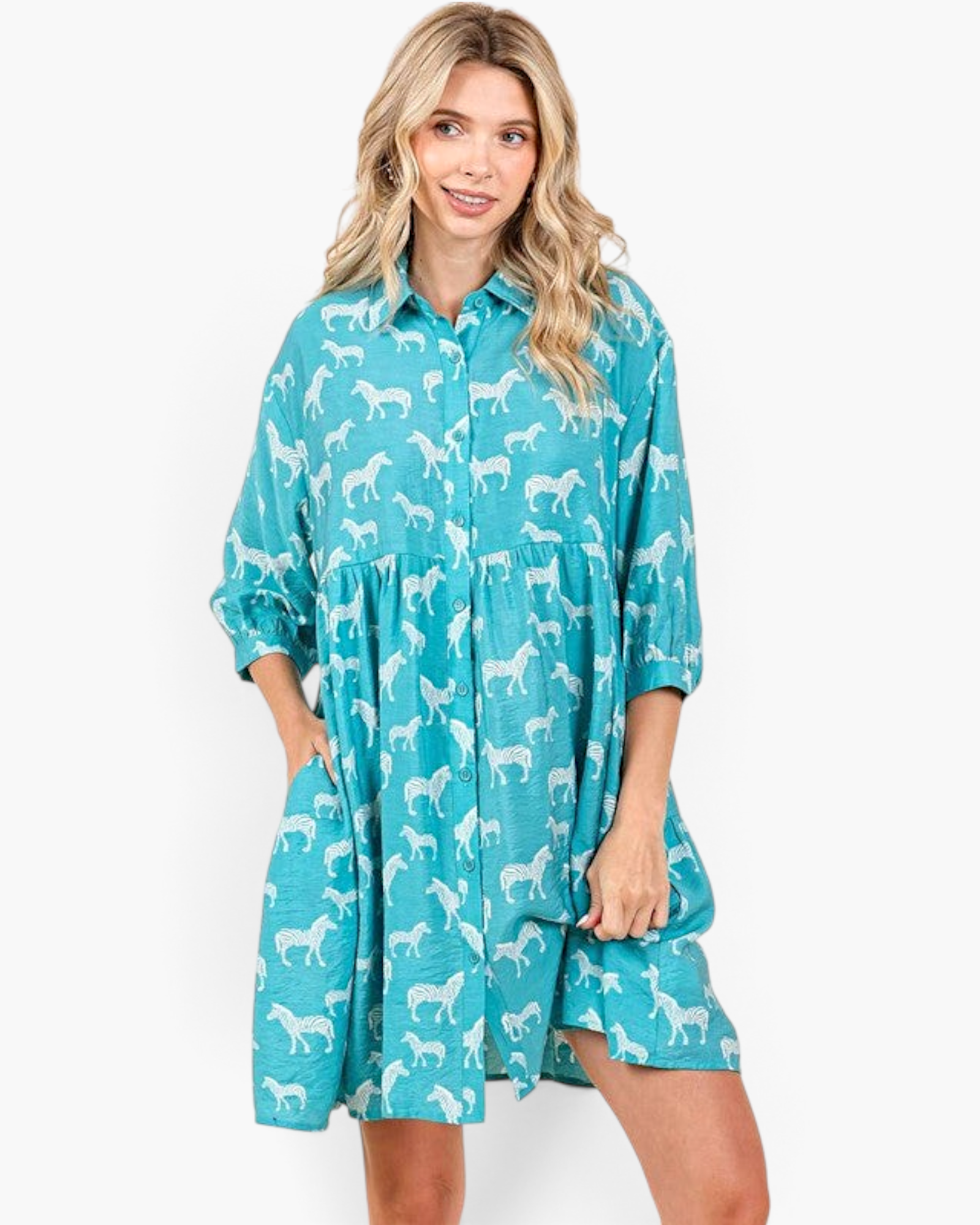Beach Rose Co. seagreen babydoll dress with white zebra print, collared neckline, and three-quarter balloon sleeves.