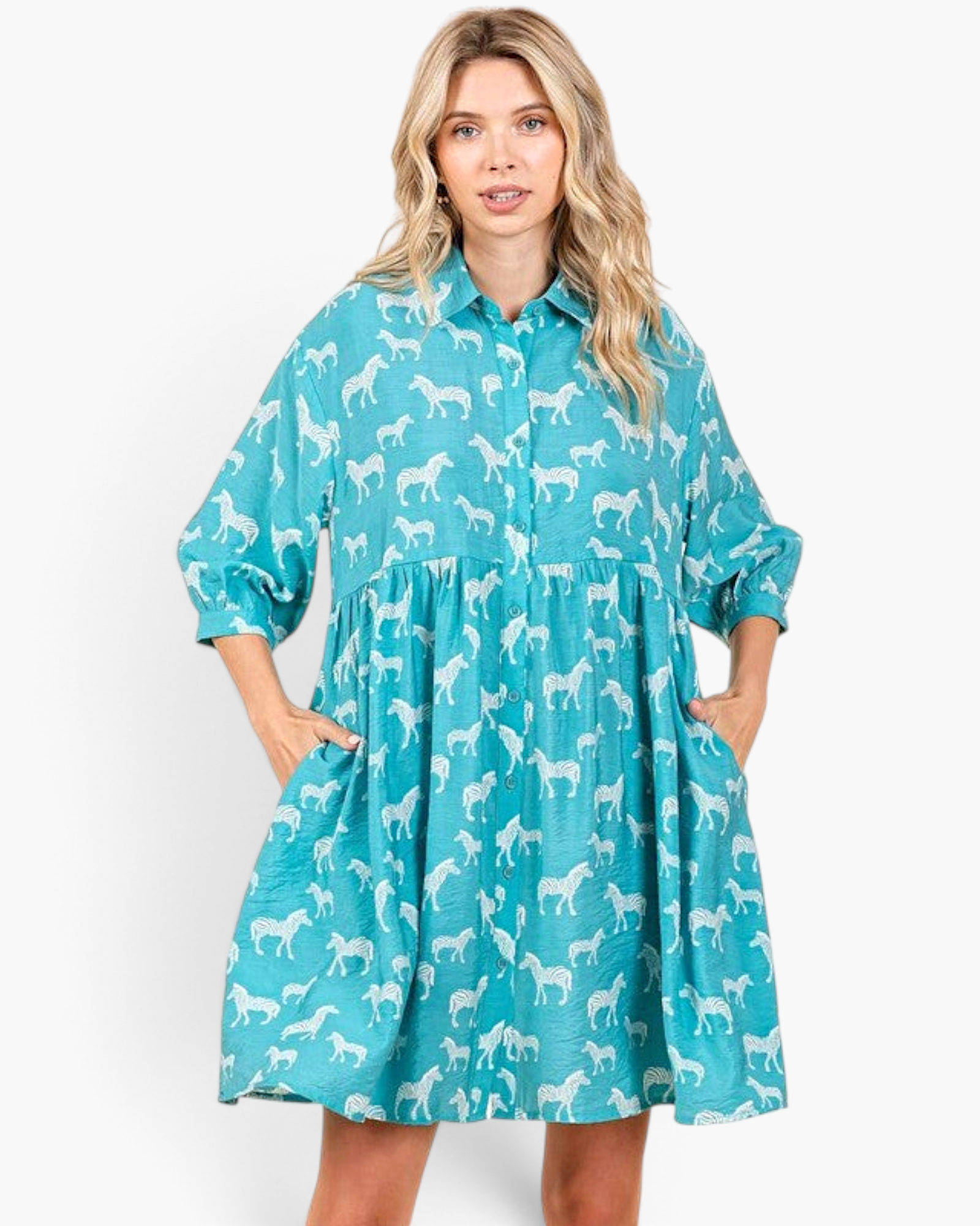 Beach Rose Co. seagreen babydoll dress with white zebra print, collared neckline, and three-quarter balloon sleeves.