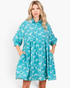 Beach Rose Co. seagreen babydoll dress with white zebra print, collared neckline, and three-quarter balloon sleeves.