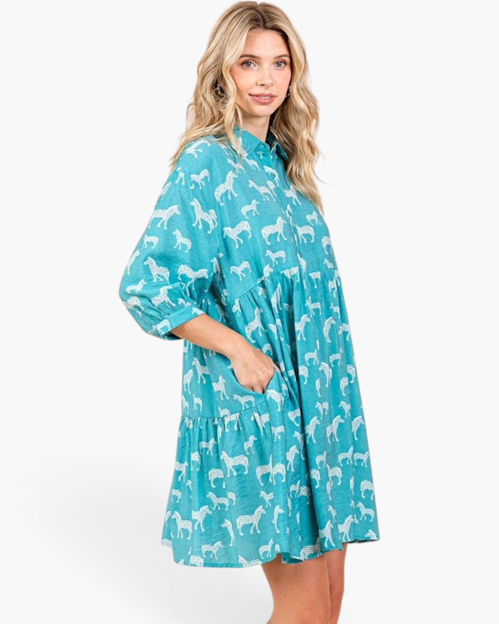 Beach Rose Co. seagreen babydoll dress with white zebra print, collared neckline, and side pockets on a blonde model.