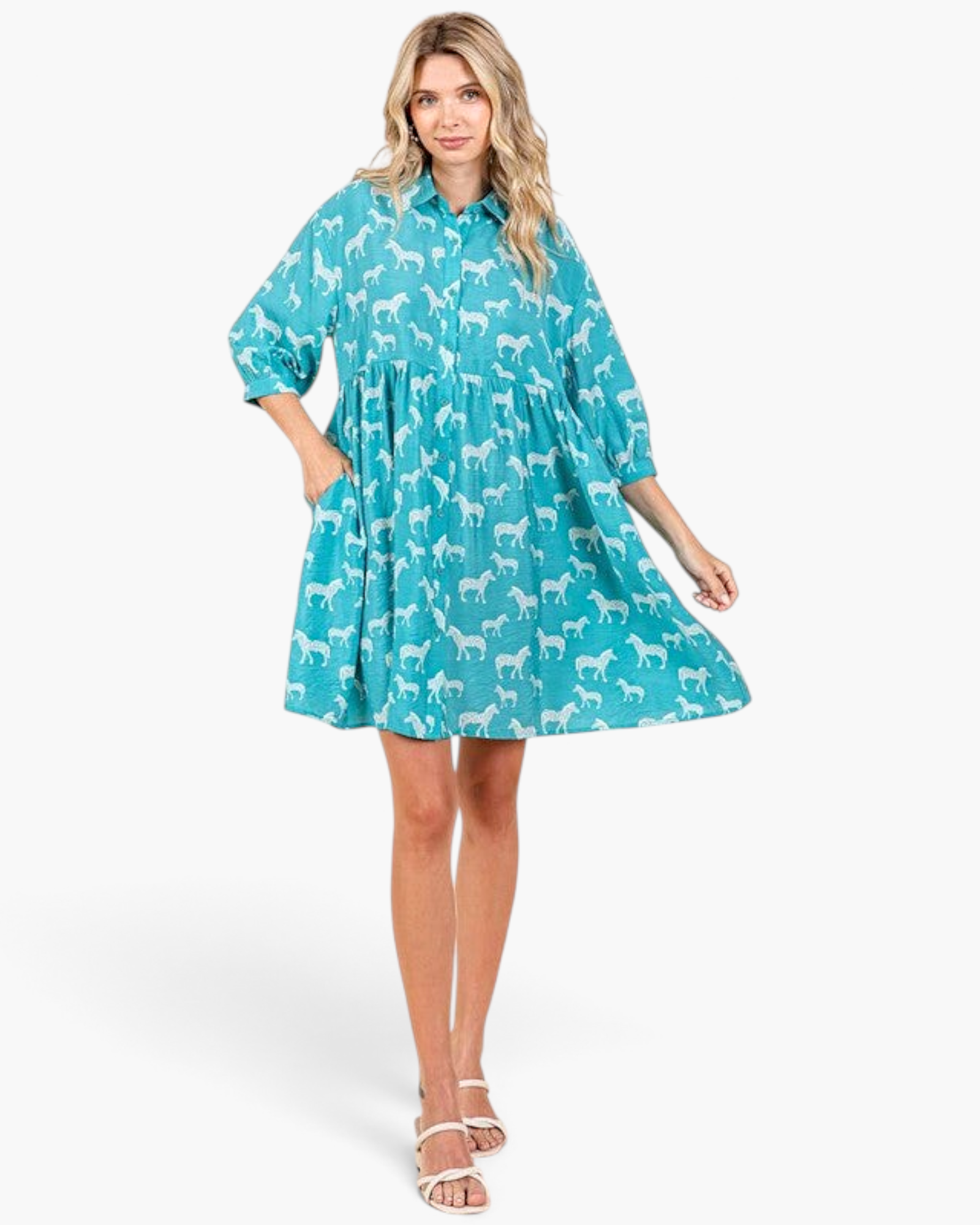 Beach Rose Co. seagreen babydoll dress with white zebra print, collared neckline, and three-quarter balloon sleeves.