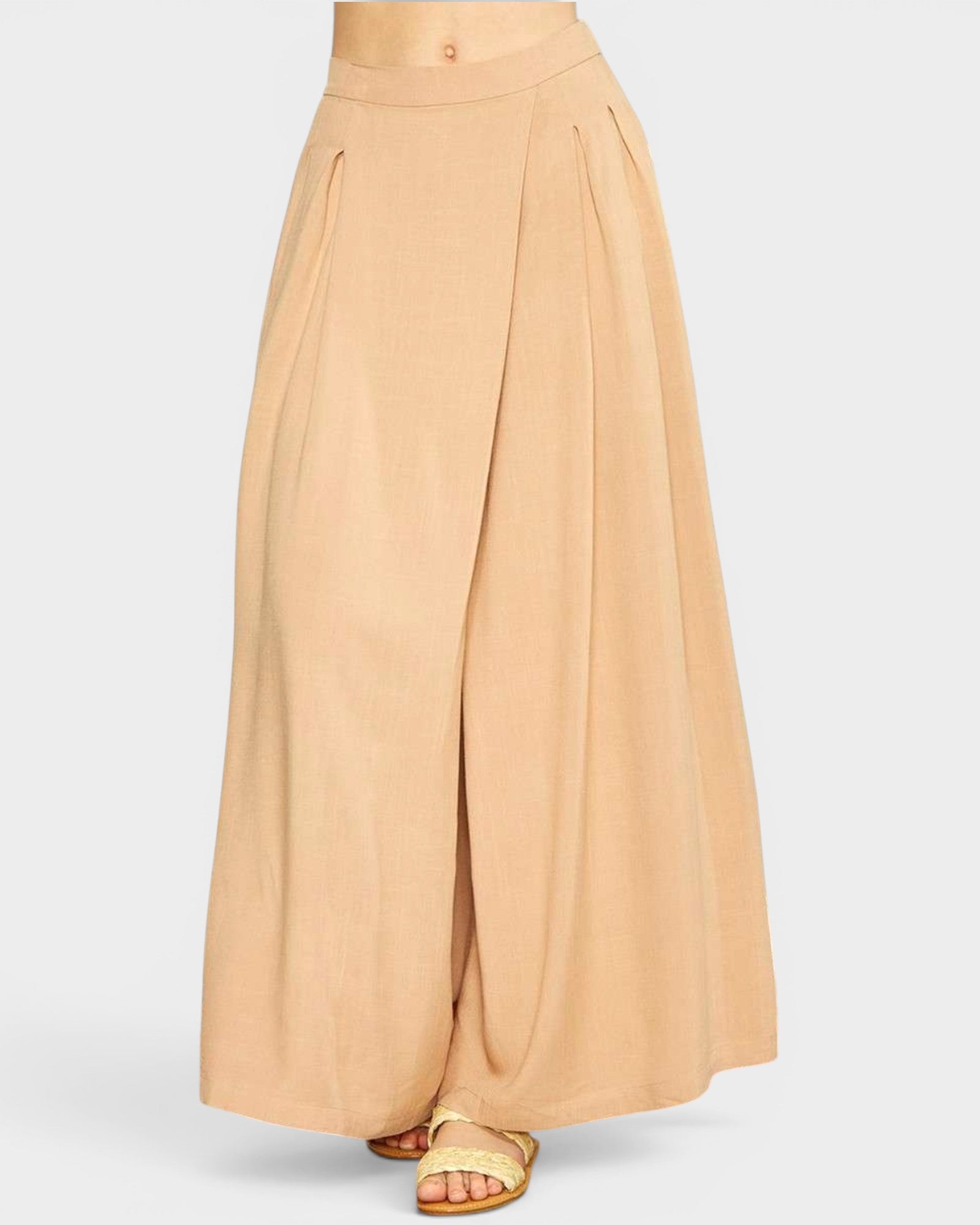 Beige wide-leg pants on a white background
