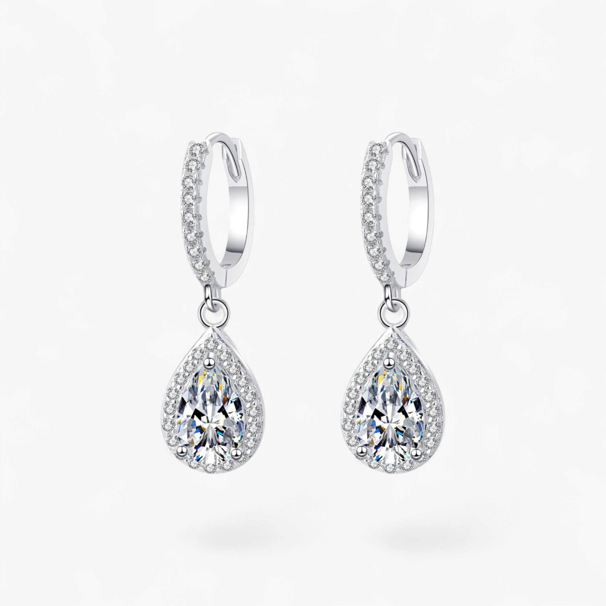 Silver 2 Carat Moissanite Teardrop Halo Drop Earrings