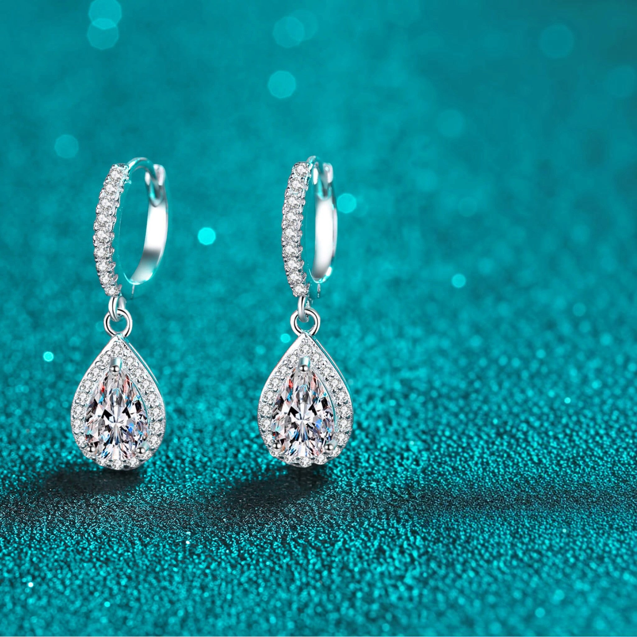 Silver 2 Carat Moissanite Teardrop Halo Drop Earrings