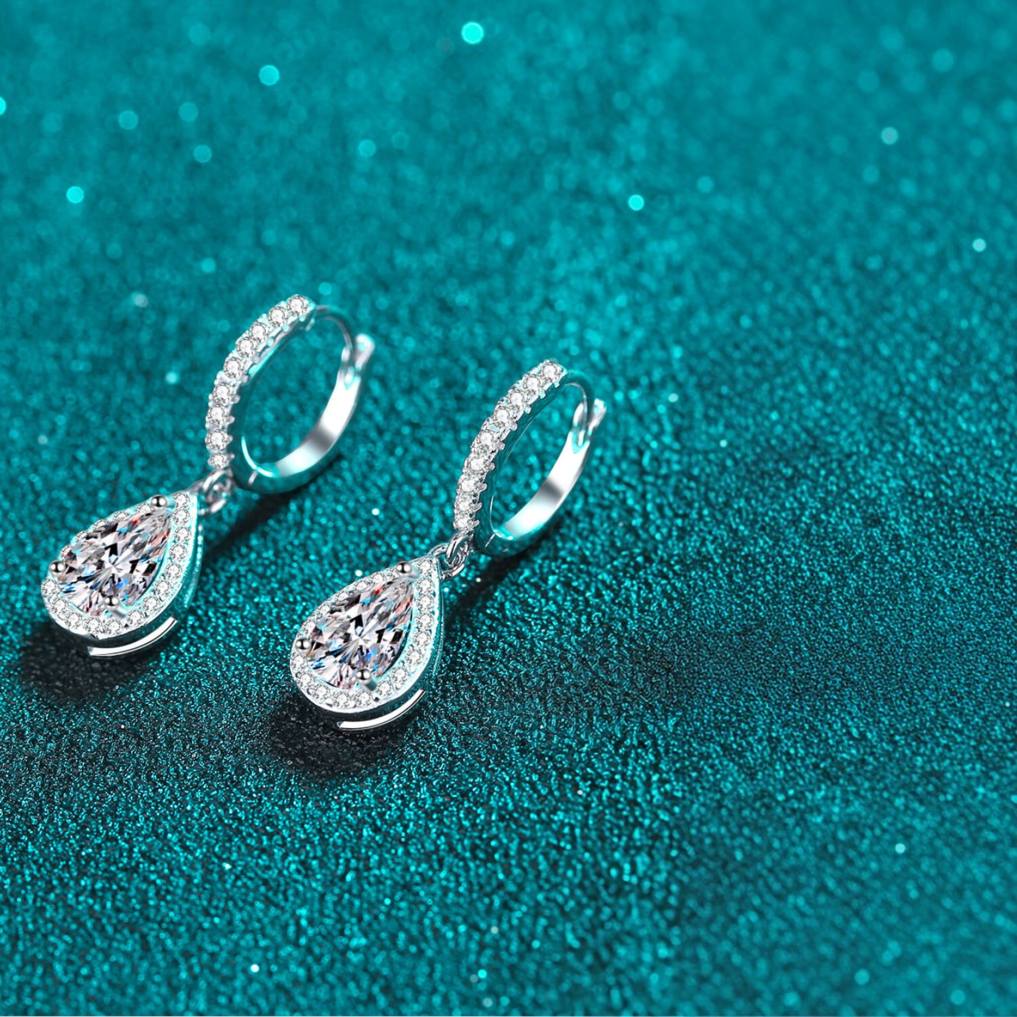 Silver 2 Carat Moissanite Teardrop Halo Drop Earrings